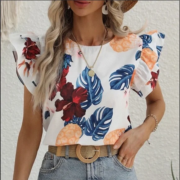 Boho Floral Tropical Print Butterfly Sleeve Top Blouse - Picture 1 of 4